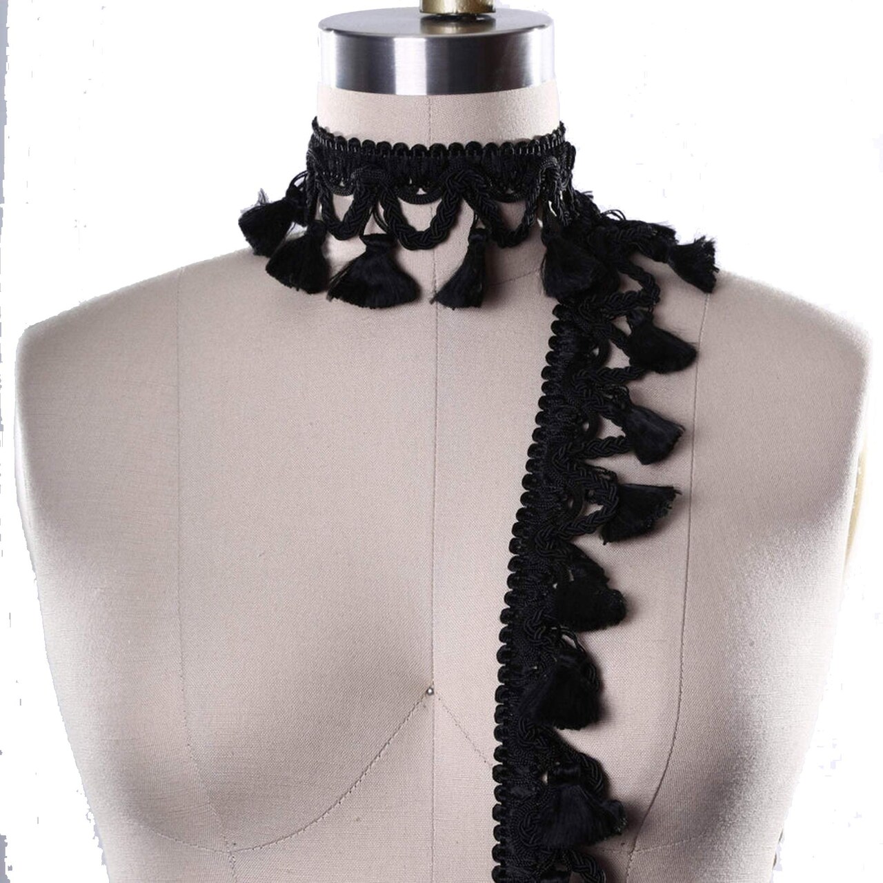 1 Yard Black Braided Gimp Trim with Silky Tassel Fringe for Upholstery and Decor